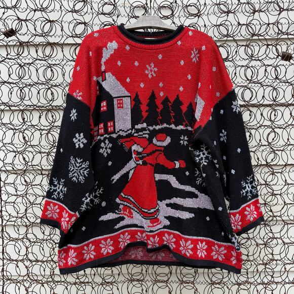 Vintage Sweaters - Vintage 90s Father Christmas Cabin in the Woods Winter Snowflake Sweater 24W